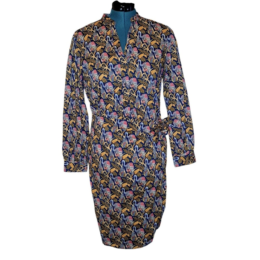 J.McLaughlin Isolde Wrap Dress Rare Bird Blue Heron Print Navy Gold Red Size L